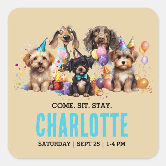 水彩子犬パウィティドッグ誕生日 スクエアシール (正面)