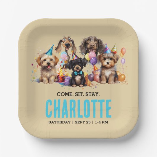 水彩子犬パウィティドッグ誕生日 ペーパープレート (正面)