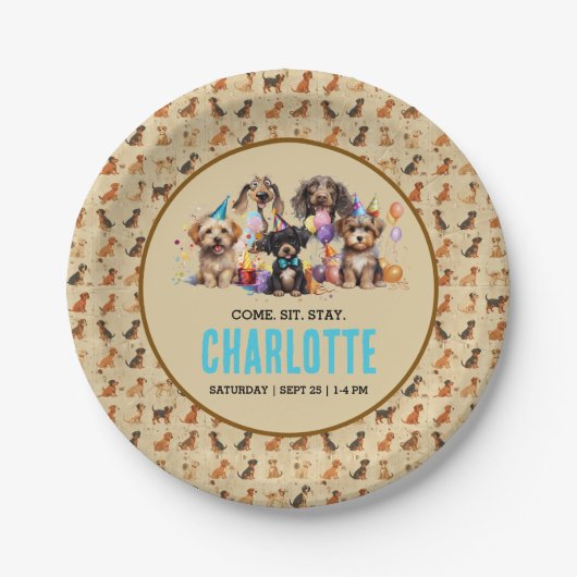 水彩子犬パウィティドッグ誕生日 ペーパープレート (正面)