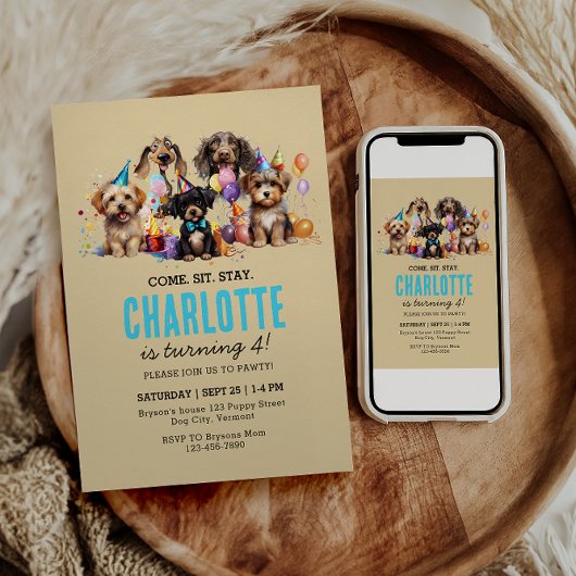 水彩子犬パウィティドッグ誕生日 招待状