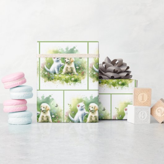 水彩子猫と子犬 ラッピングペーパー (ベビーシャワー)