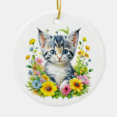 水彩子猫の花クリスマスパーソナライズされた セラミックオーナメント (正面)