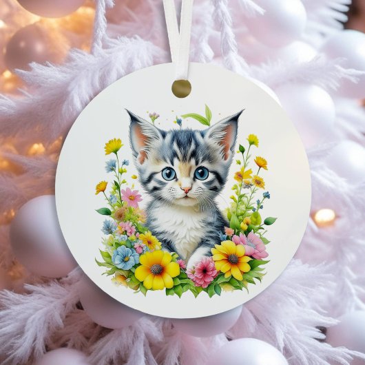 水彩子猫の花クリスマスパーソナライズされた メタルオーナメント