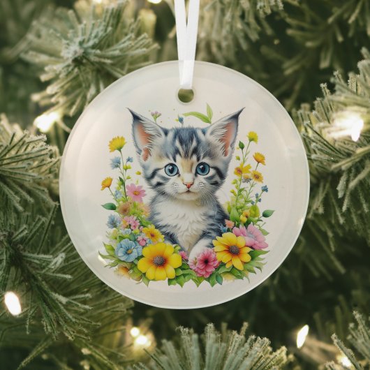 水彩子猫の花クリスマス ガラスオーナメント (インサイチュ)