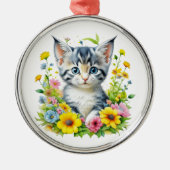 水彩子猫の花クリスマス メタルオーナメント (正面)
