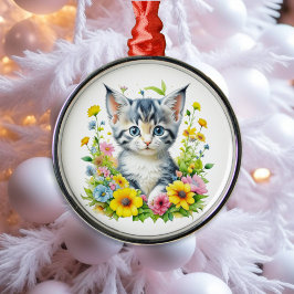 水彩子猫の花クリスマス メタルオーナメント