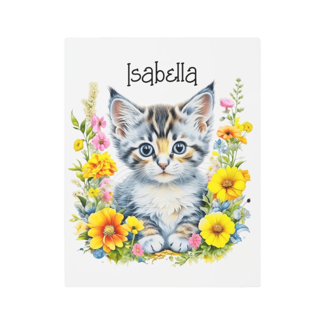 水彩子猫の花パーソナライズされた メタルプリント (正面)