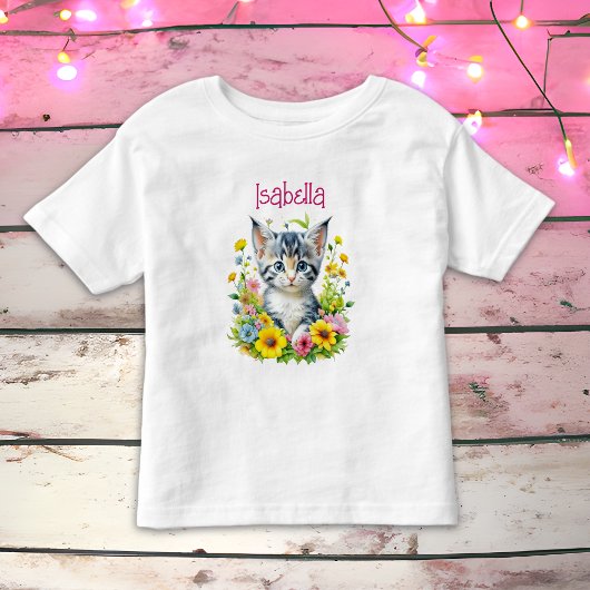 水彩子猫パーソナライズされた花 トドラーTシャツ