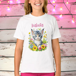 水彩子猫パーソナライズされた花 Tシャツ