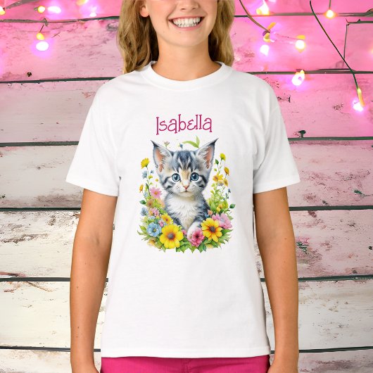 水彩子猫パーソナライズされた花 Tシャツ