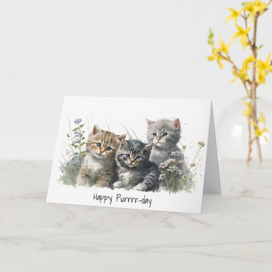 水彩子猫誕生日 カード (黄色い花)