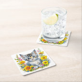 水彩子猫（黄色とピンク） スクエアペーパーコースター (インサイチュ)