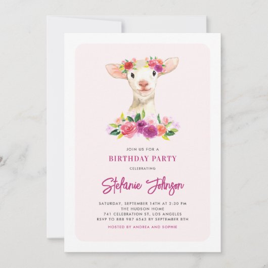 水彩子羊と紫色の花生誕生会 招待状 (正面)
