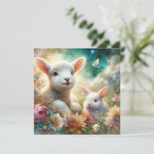 水彩子羊バニーフラワー宗教的イースター シーズンカード (スタンド正面)