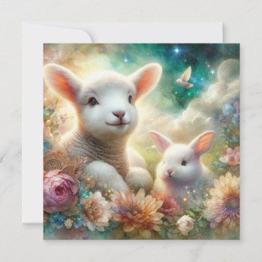 水彩子羊バニーフラワー宗教的イースター シーズンカード (正面)