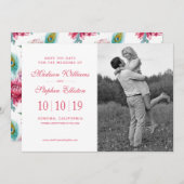 水彩孔雀と赤フローラ – 日付を保存 セーブザデート (正面/裏面)