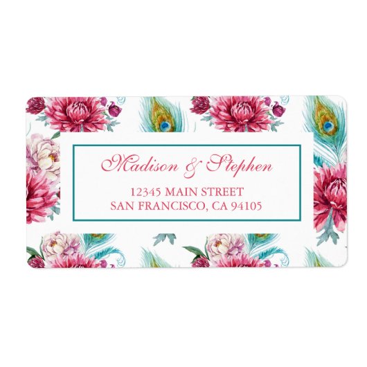 水彩孔雀と赤フローラ- 結婚s ラベル (正面)