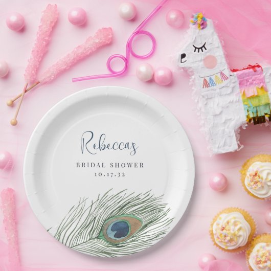 水彩孔雀の羽根 ブライダルシャワー ペーパープレート (パーティー)