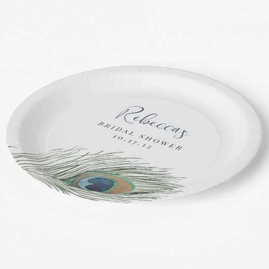 水彩孔雀の羽根 ブライダルシャワー ペーパープレート (アングル)