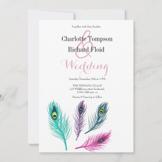 水彩孔雀の羽結婚の 招待状 (正面)