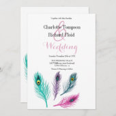 水彩孔雀の羽結婚の 招待状 (正面/裏面)