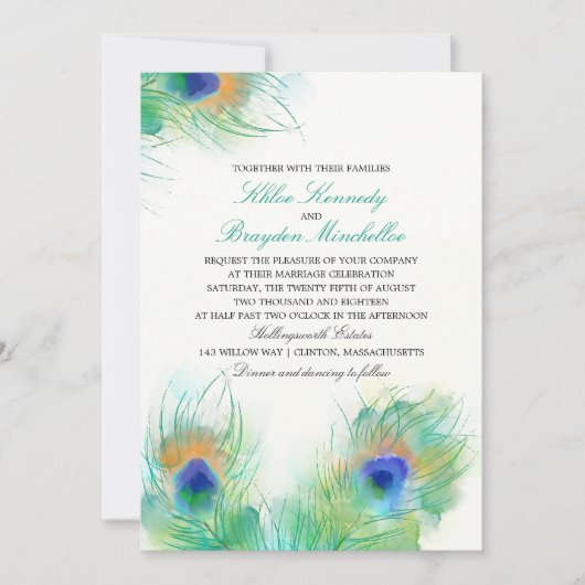 水彩孔雀の羽結婚の 招待状 (正面)