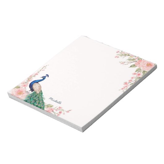 水彩孔雀の花パーソナライズされた名 ノートパッド (回転)