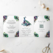 水彩孔雀フローラ羽QRコード結婚ズ 三つ折り招待状 (内部)