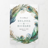 水彩孔雀フローラ羽QRコード結婚ズ 三つ折り招待状 (カバー)
