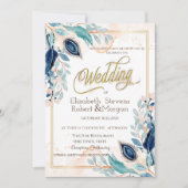 水彩孔雀花卉婚礼 招待状 (正面)