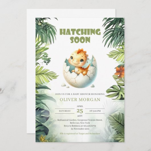 水彩孵化近日恐竜の赤ちゃんシャワー 招待状 (正面/裏面)