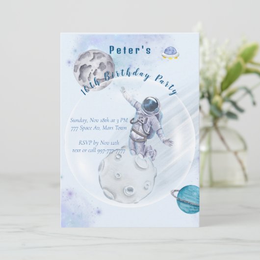 水彩宇宙と宇宙飛行士誕生日招待 招待状 (スタンド正面)