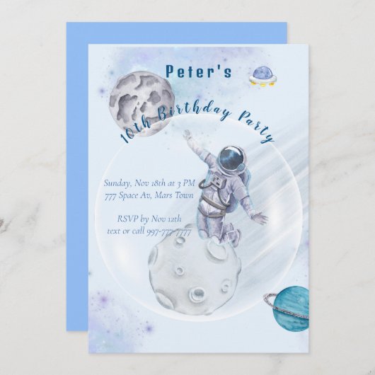 水彩宇宙と宇宙飛行士誕生日招待 招待状 (正面/裏面)