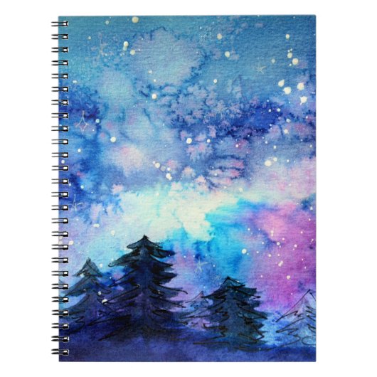 水彩宇宙アート:夜空の木 ノートブック (正面)