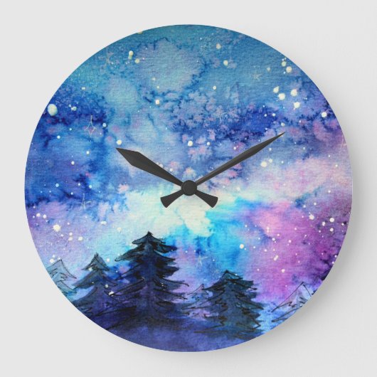 水彩宇宙アート:夜空の木 ラージ壁時計 (正面)