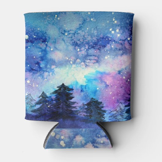 水彩宇宙アート：夜空の木 缶クーラー (正面)