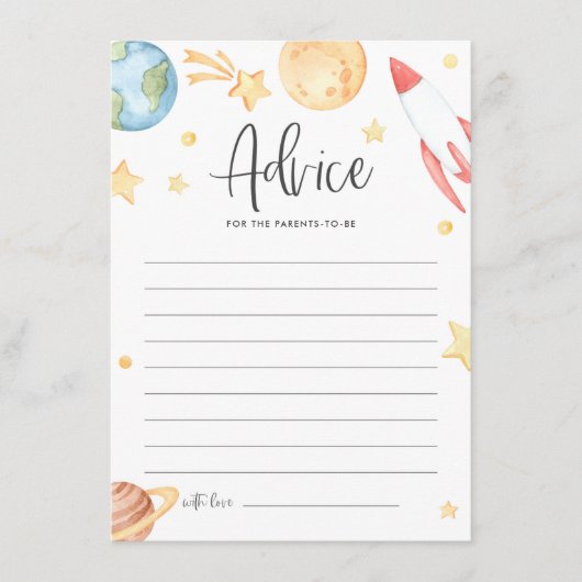 水彩宇宙テーマベビーシャワー親アドバイス エンクロージャーカード (正面)