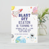 水彩宇宙ブラストオフ誕生日招待状 招待状 (スタンド正面)