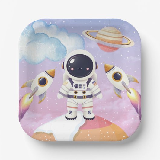 水彩宇宙リトルエクスプローラーベビーシャワー ペーパープレート (正面)