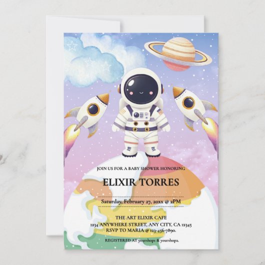 水彩宇宙リトルエクスプローラーベビーシャワー 招待状 (正面)