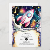 水彩宇宙ロケット誕生日 招待状 (正面/裏面)