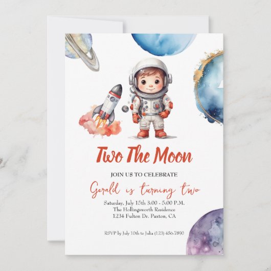 水彩宇宙宇宙飛行士誕生日招待状 招待状 (正面)