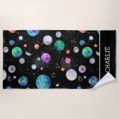 水彩宇宙惑星パーソナライズされた銀河系 ビーチタオル (正面)