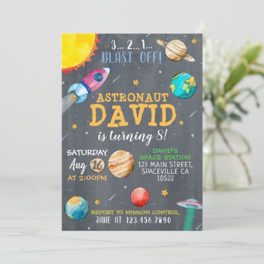 水彩宇宙誕生日パーティーの招待 招待状 (スタンド正面)