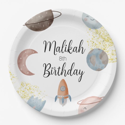水彩宇宙誕生日パーティーfor Boy or Girl ペーパープレート (正面)