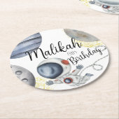 水彩宇宙誕生日パーティーfor Boy or Girl ラウンドペーパーコースター (アングル)