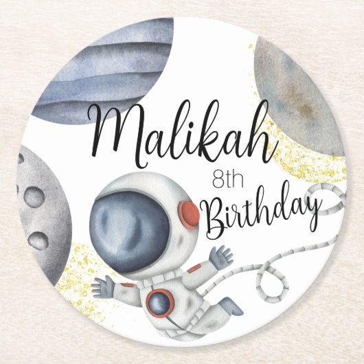 水彩宇宙誕生日パーティーfor Boy or Girl ラウンドペーパーコースター (正面)