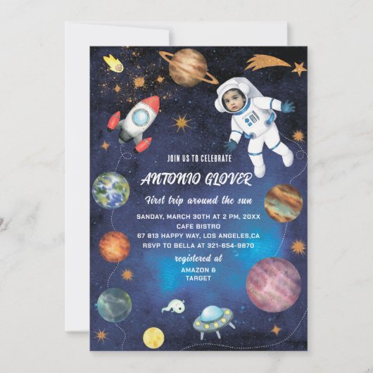 水彩宇宙誕生日フォト招待ベビーS 招待状 (正面)