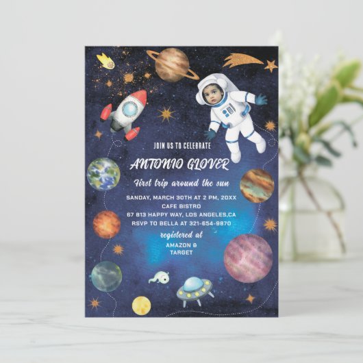 水彩宇宙誕生日フォト招待ベビーS 招待状 (スタンド正面)