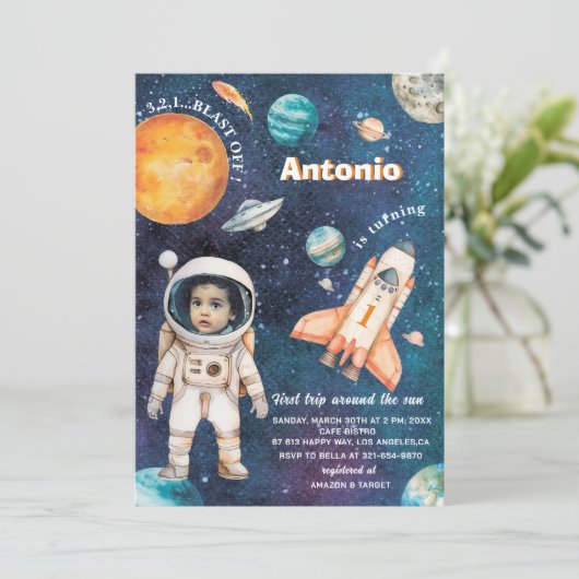 水彩宇宙誕生日フォト招待ベビーS 招待状 (スタンド正面)